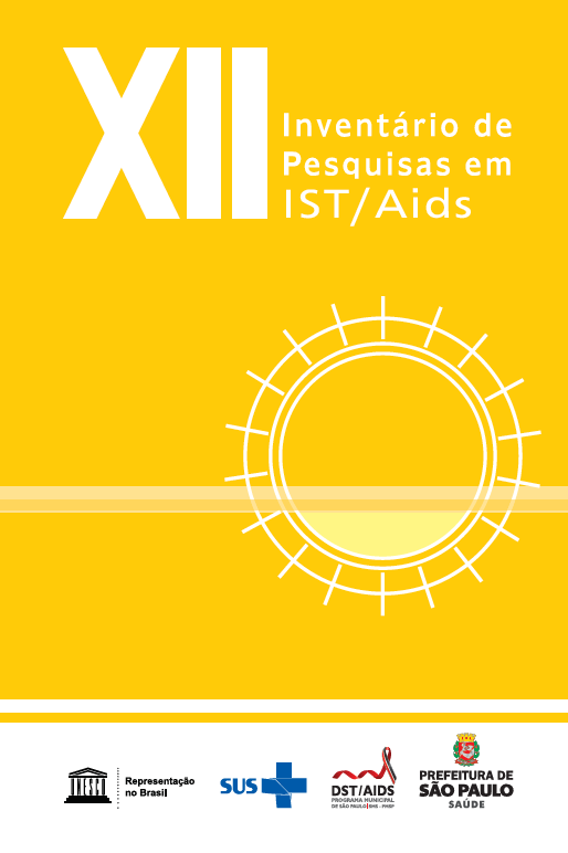 Capa do XII Inventário de Pesquisas em DST/AIDS, com fundo amarelo e uma forma circular branca ao centro à direita, cruzada ao centro por uma reta também branca. No rodapé há uma barra branca com os logos, da esquerda para a direita, da UNESCO, SUS, Programa Municipal de DST/Aids e Secretaria Municipal da Saúde de São Paulo